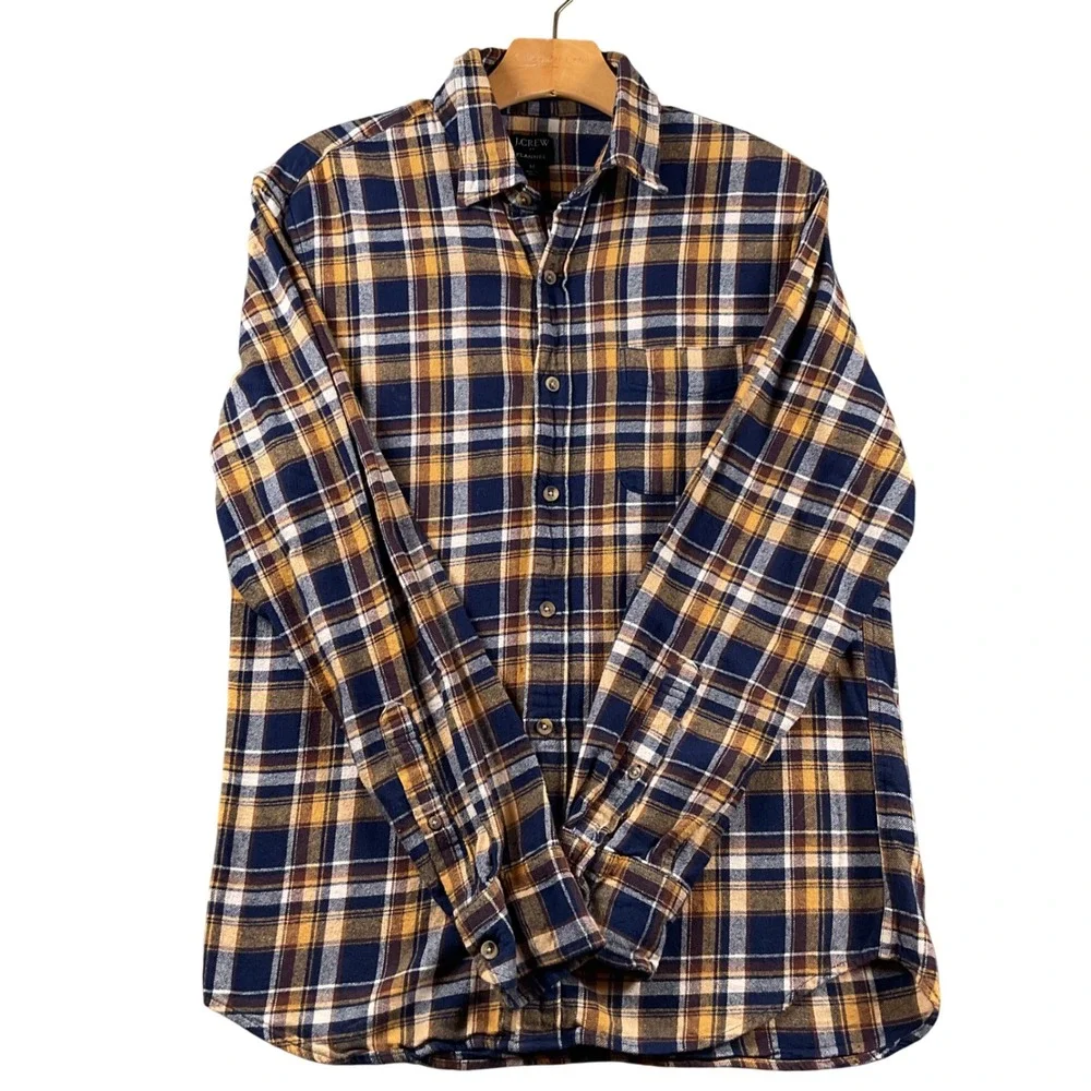 J Crew Flannel Long Sleeve Shirt Plaid Navy Gold Brown Mens Medium